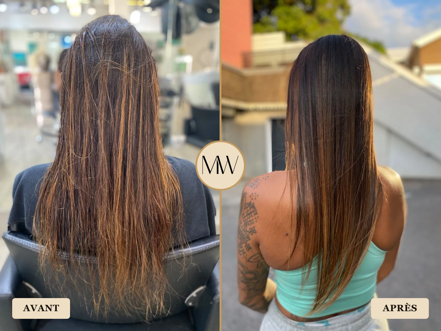 Lissage mango, avant/après — Avant-Après MW Coiffure Saint-Gilles-les-Bains